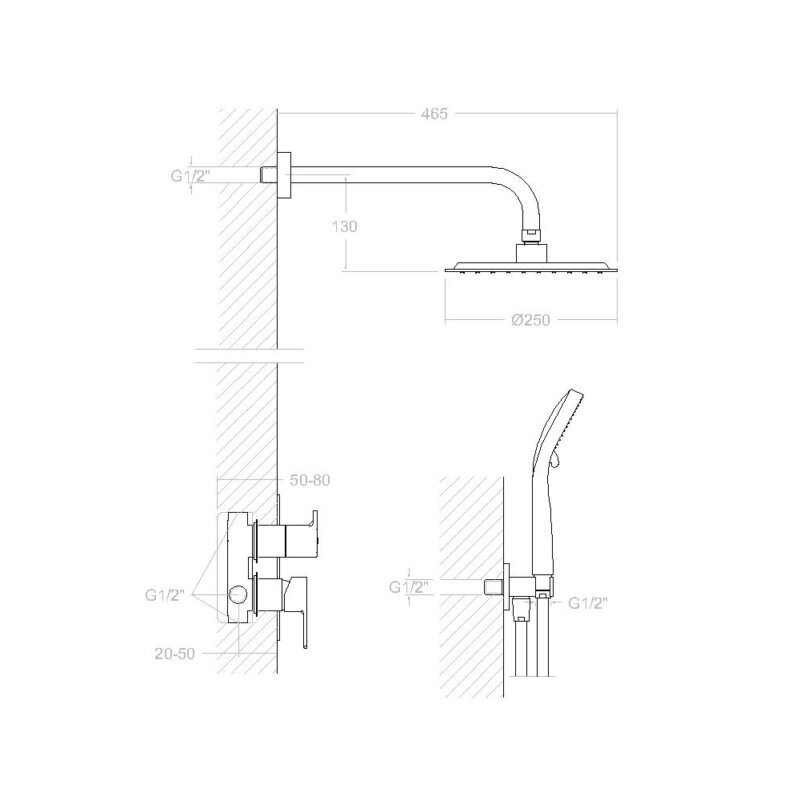 Shower set ramon soler blautherm, single lever 2-way concealed mixer with hand shower and metallic ø250 mm shower head, chrome 94d302556 vipex