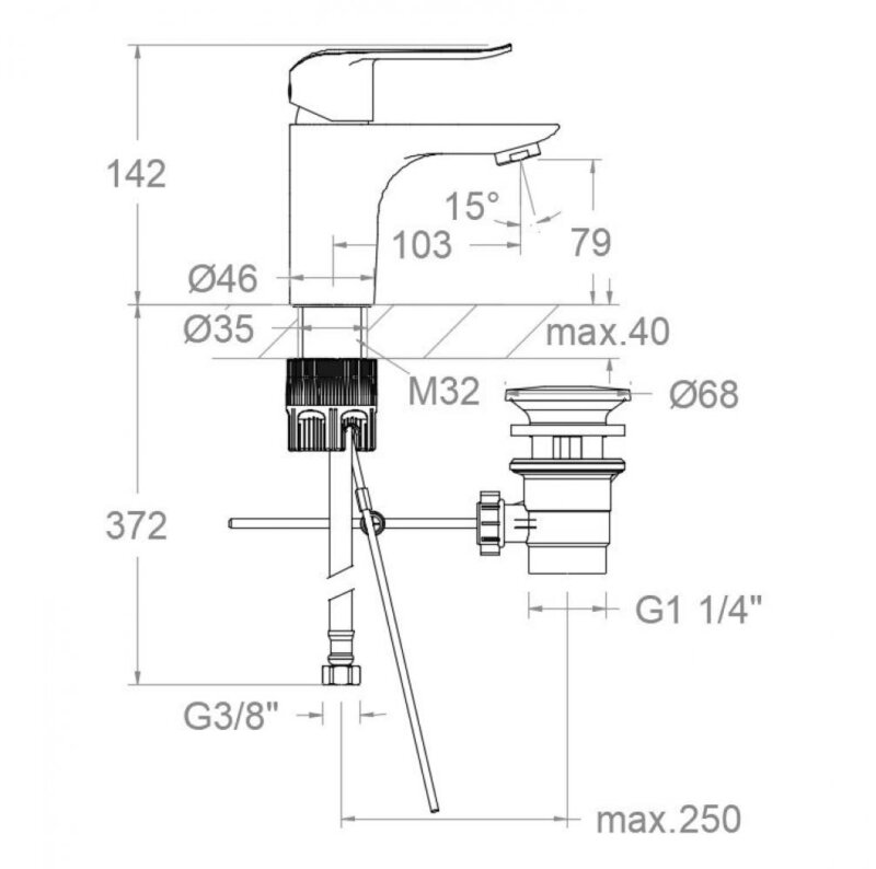 Washbasin mixer ramon soler ypsilon plus, tool free, single-lever, with automatic 1¼ abs valve, chrome 64a308531 vipex