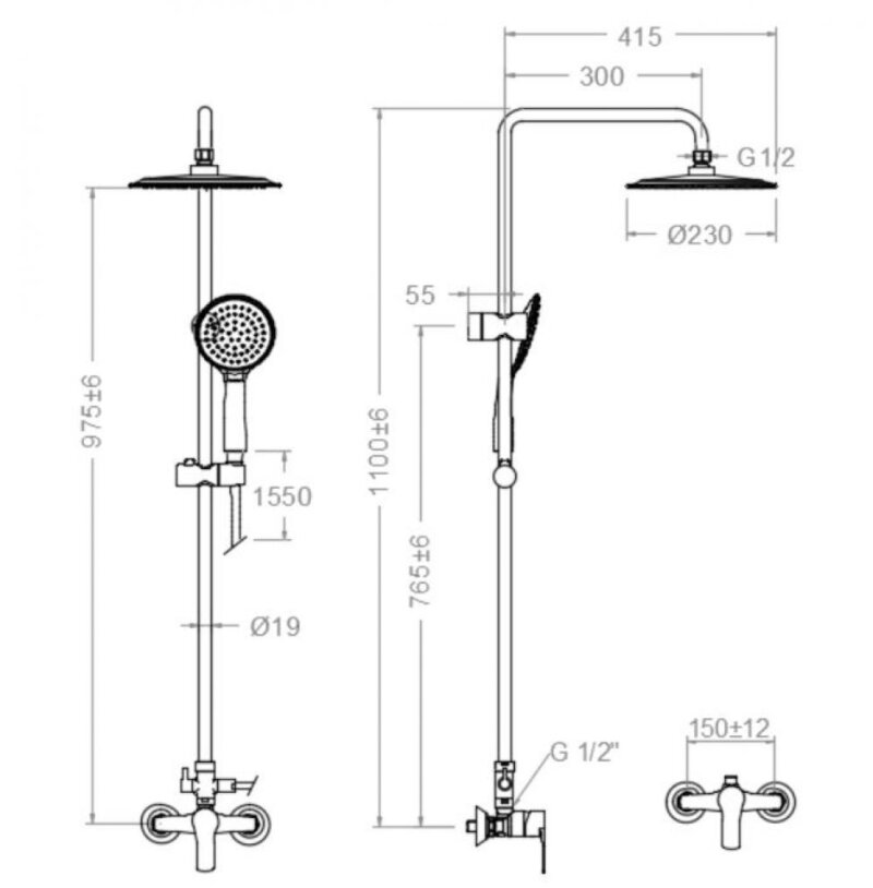 Dušikomplekt ramon soler titanium, kinnine ühe käepidemega dušikolonn ø240 mm dušipeaga, kroom 18d307937 vipex