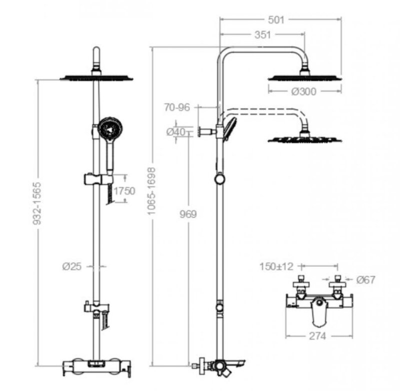 Shower/bath set ramon soler blautherm, telescopic thermostatic, 300 mm round showerhead, chrome 94c308561 vipex