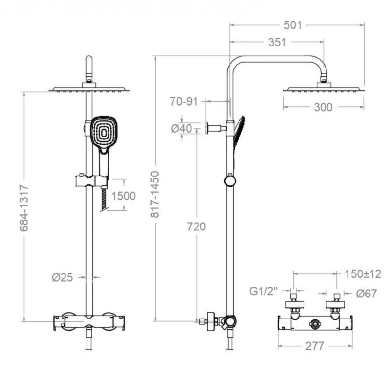 Shower set ramon soler blautherm, thermostat mixer with 300 mm square showerhead, chrome 94d307344 vipex