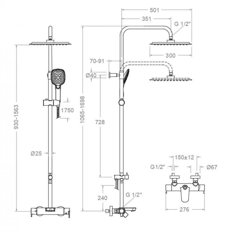 Shower/bath set ramon soler blautherm, telescopic single-handle, 300 mm square showerhead, chrome 94c308568 vipex