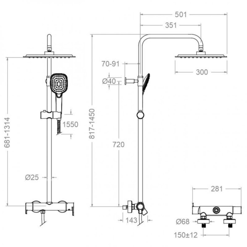 Shower set ramon soler blautherm, telescopic single-handle, with 300 mm square showerhead, chrome 94d308884 vipex