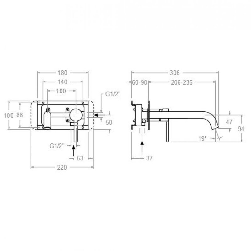 Washbasin mixer ramon soler drako, single lever concealed with plate, spout 24cm 33a301459 vipex