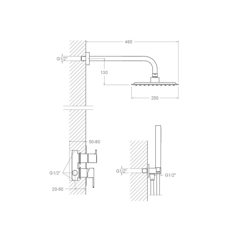 Shower set ramon soler blautherm, single lever 2-way concealed, hand shower, and metallic 250 mm square shower head 94d302558 vipex