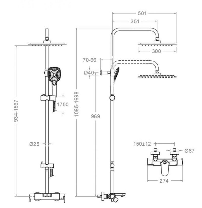 Shower/bath set ramon soler blautherm, telescopic thermostatic, 300 mm square showerhead, chrome 94c308563 vipex