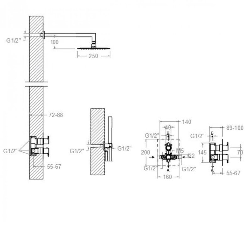 Shower set ramon soler blautherm, thermostatic single lever, hand shower, and 225x225 mm metal shower head, chrome 94d302553 vipex