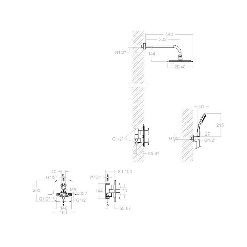 Shower set ramon soler blautherm, thermostatic 2-way concealed mixer, water outlet, hand shower, and 240 mm abs round headshower, chrome 94d302547 vipex