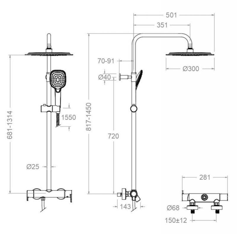 Shower set ramon soler blautherm, telescopic single-handle, with 300 mm round showerhead, chrome 94d308931 vipex